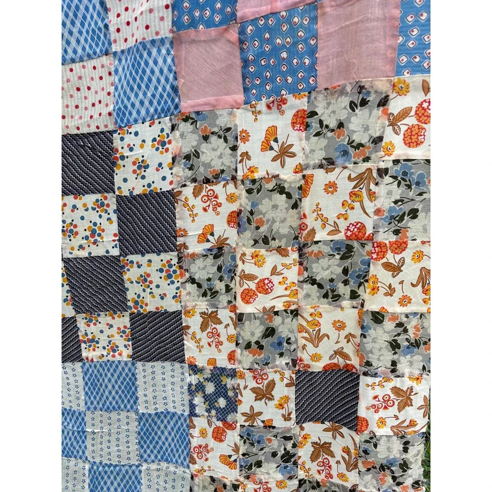 Vintage Handmade Checkerboard Patchwork Quilt Top Cottage Farmhouse Bedding
